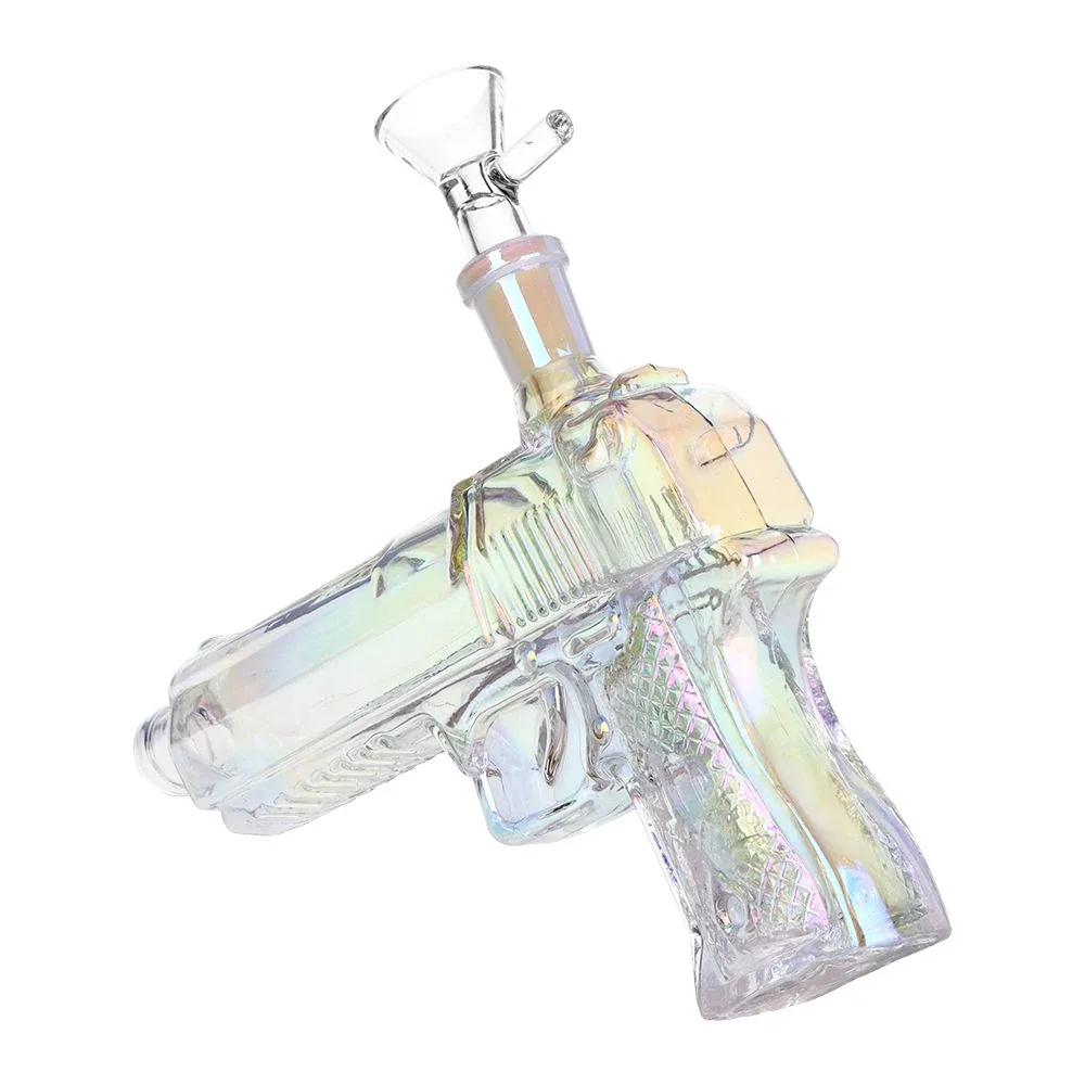 3CT BUNDLE - SeshGear Semi Auto Hand Gun Glass Water Pipe - 7.75" / 14mm F / Clear, Smoke, Electroplated - Image 2