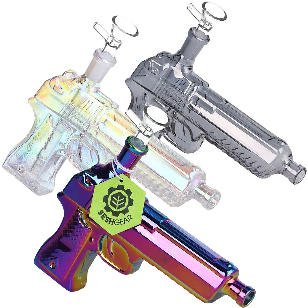 3CT BUNDLE - SeshGear Semi Auto Hand Gun Glass Water Pipe - 7.75" / 14mm F / Clear, Smoke, Electroplated