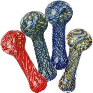 4CT BUNDLE - Netted Spirals Glass Spoon Pipe - 3.75"-4" / Assorted Colors