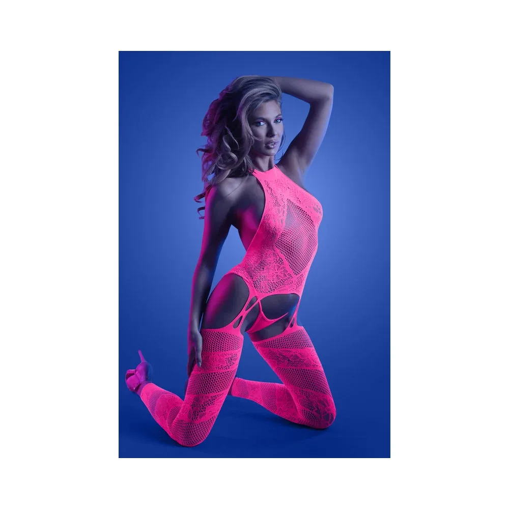 Fantasy Lingerie Glow Captivating High Neck Halter Bodystocking & G-String Set Neon Pink O/S - Image 2