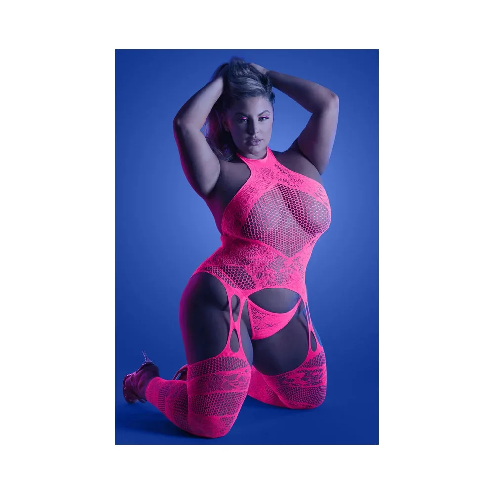 Fantasy Lingerie Glow Captivating High Neck Halter Bodystocking & G-String Set Neon Pink Queen Size - Image 2