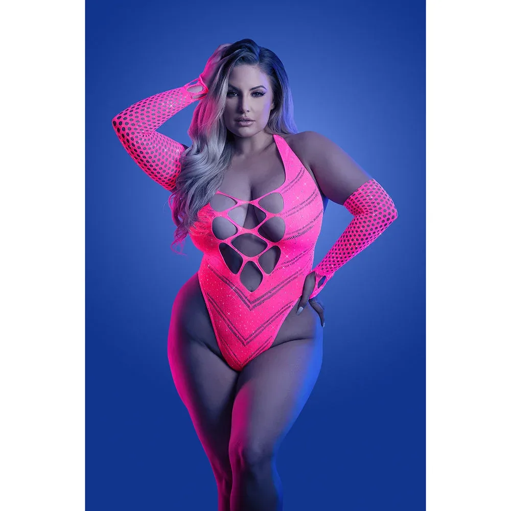 Fantasy Lingerie Glow Flashback UV Reactive Rhinestone Fishnet Teddy & Gloves/Warmers Queen Size - Image 2