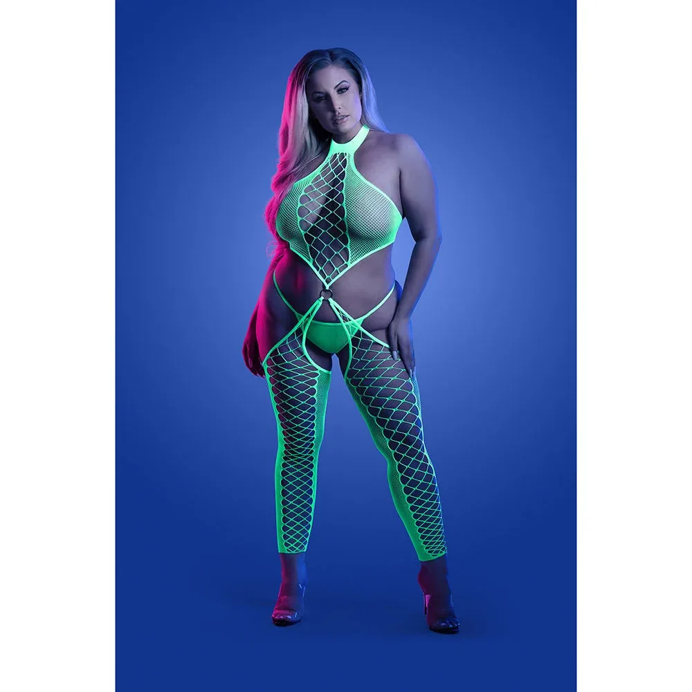 Fantasy Lingerie Glow High Voltage UV Reactive High Neck Bodystocking & G-String Panty Queen Size - Image 2