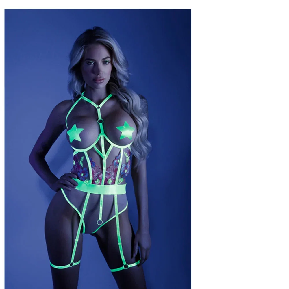 Fantasy Lingerie Glow In A Trance Open-Cup Crotchless Teddy Neon Chartreuse L/XL - Image 2