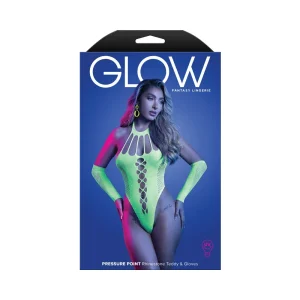 Fantasy Lingerie Glow Pressure Point UV Reactive Rhinestone Teddy & Gloves O/S