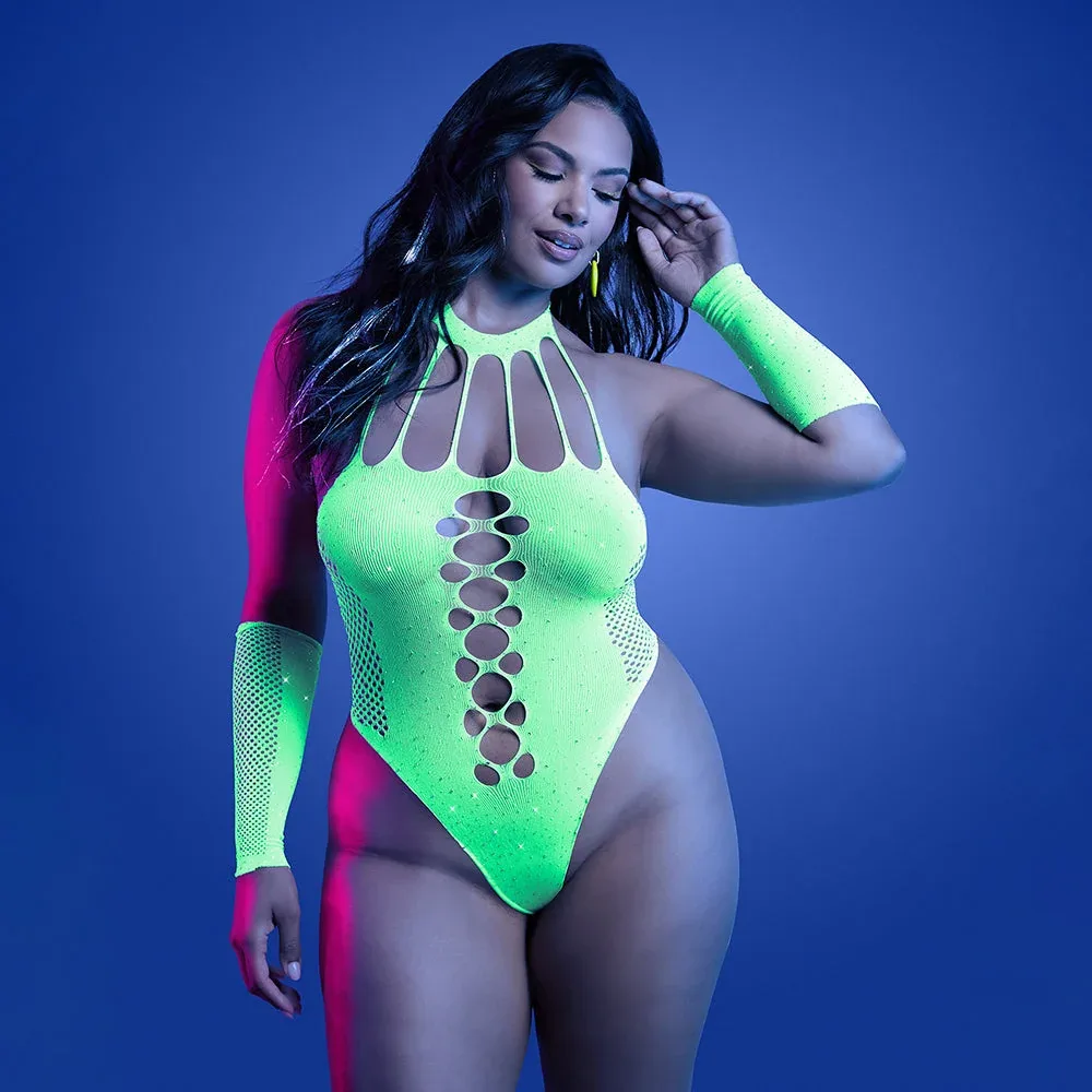 Fantasy Lingerie Glow Pressure Point UV Reactive Rhinestone Teddy & Gloves Queen Size - Image 2