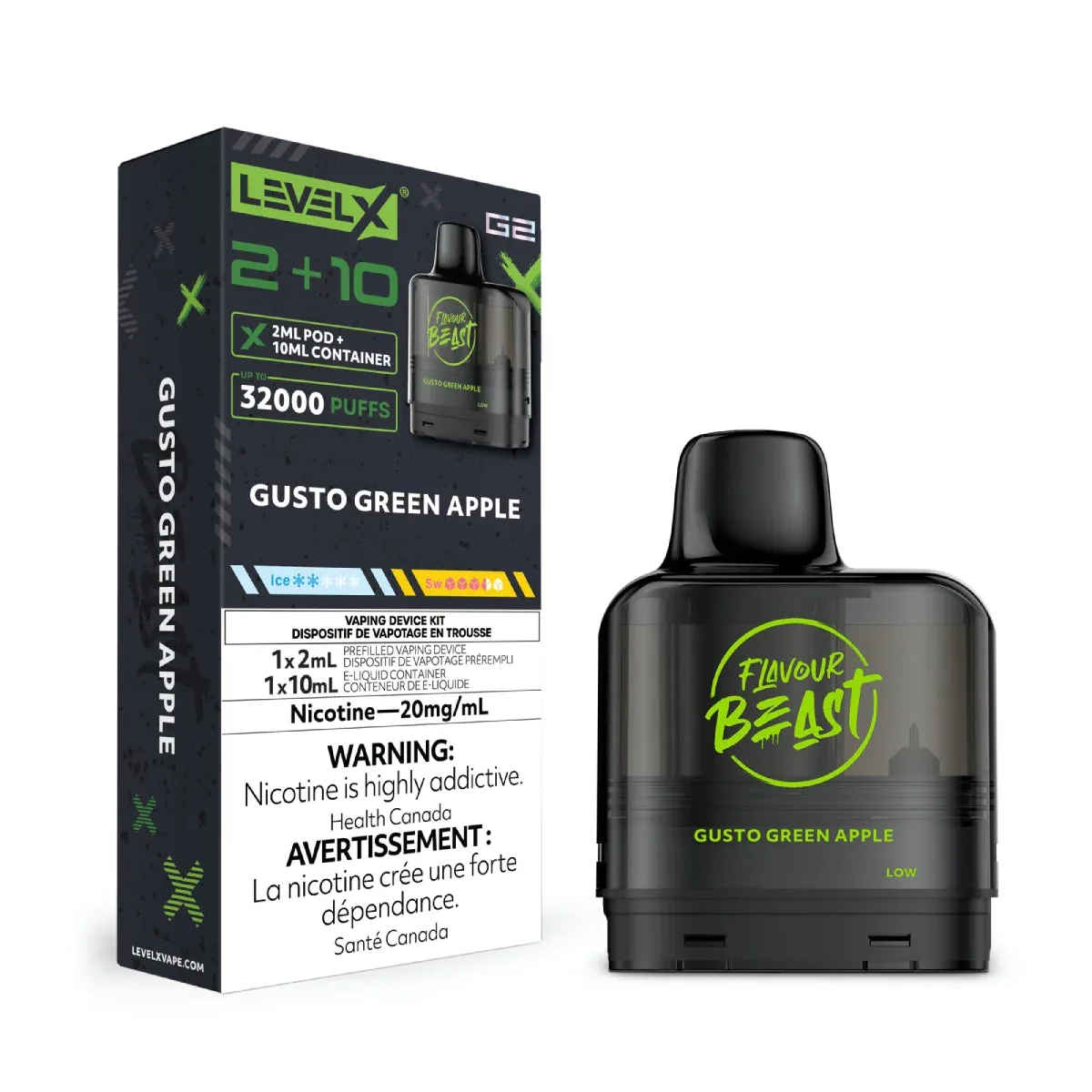 Level X G2 2+10 Flavour beast gusto green apple 32k