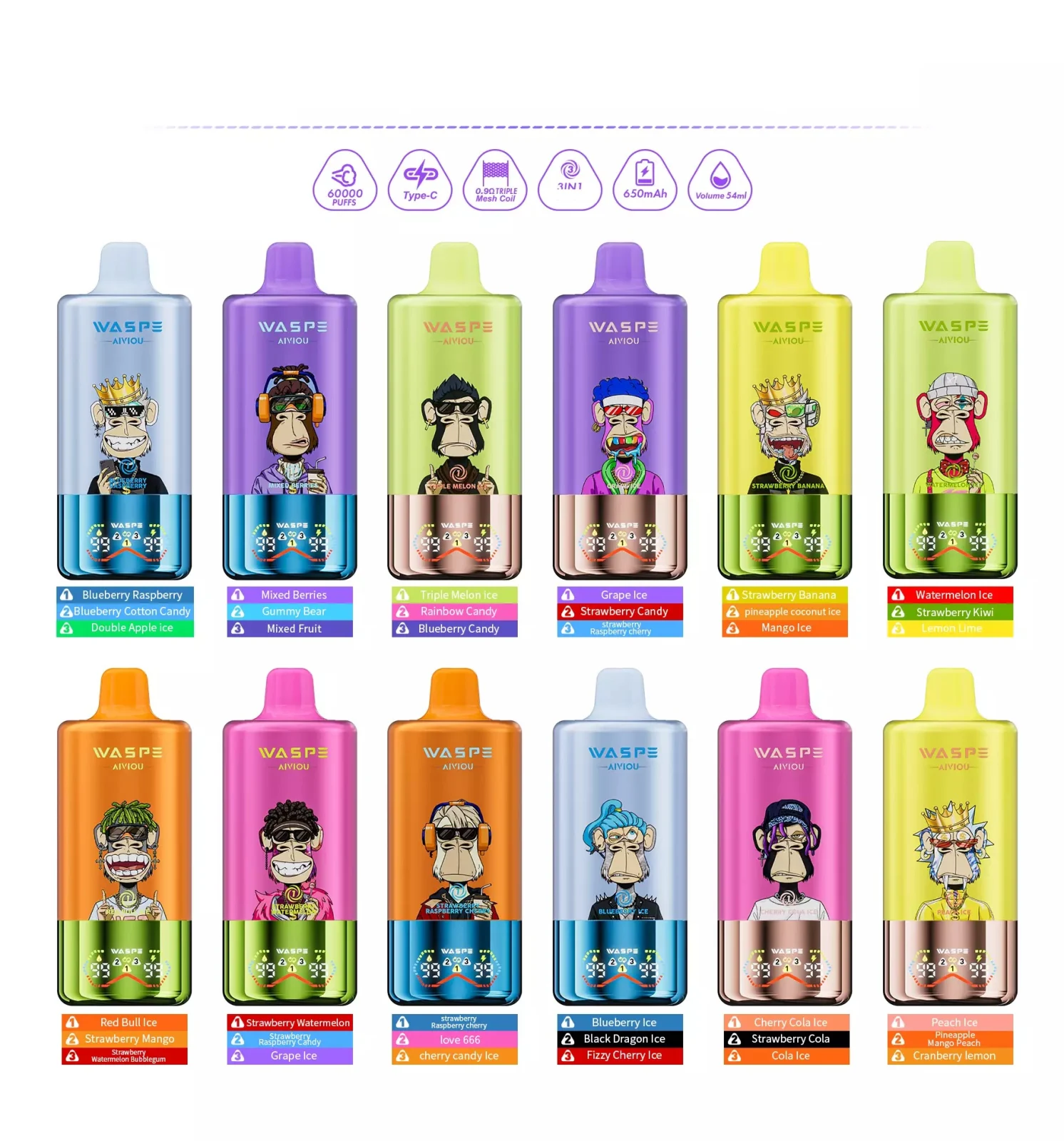 WASPE AIVIOU 60000 Puffs Triple Tastes Digital Screen Bulk Buy 60K Rechargeable Disposable Vapes Wholesale