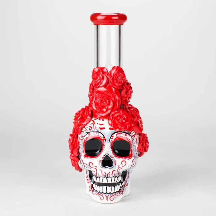 9" Rose Sugar Skull Themed Glass Bong - Image 2