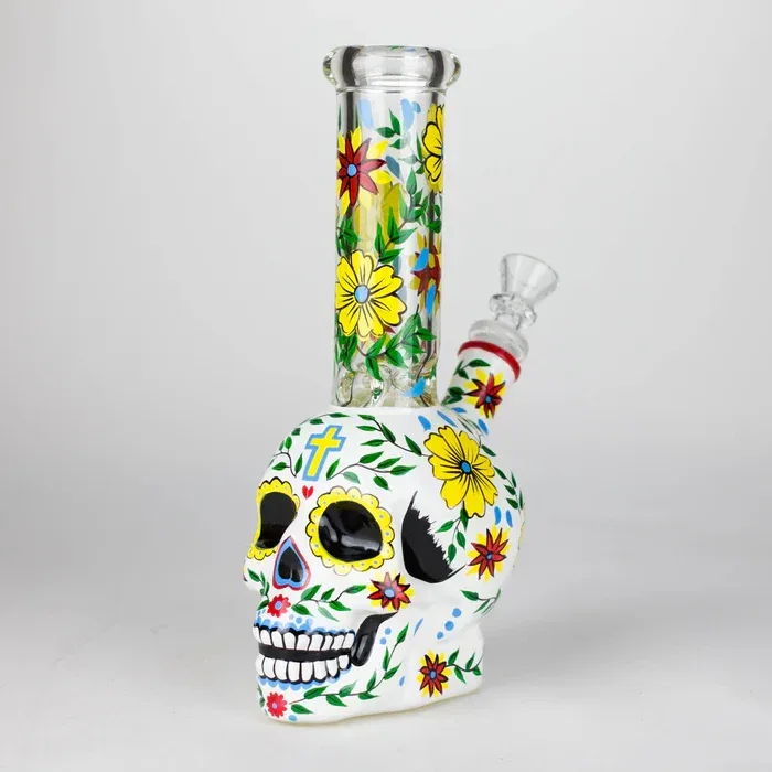 9.5" Sugar Skull Themed Glass Bong - Image 2