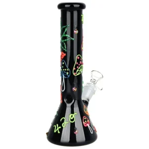 9.5" 420 Leaf & Shroom Glow In Dark Beaker Bong