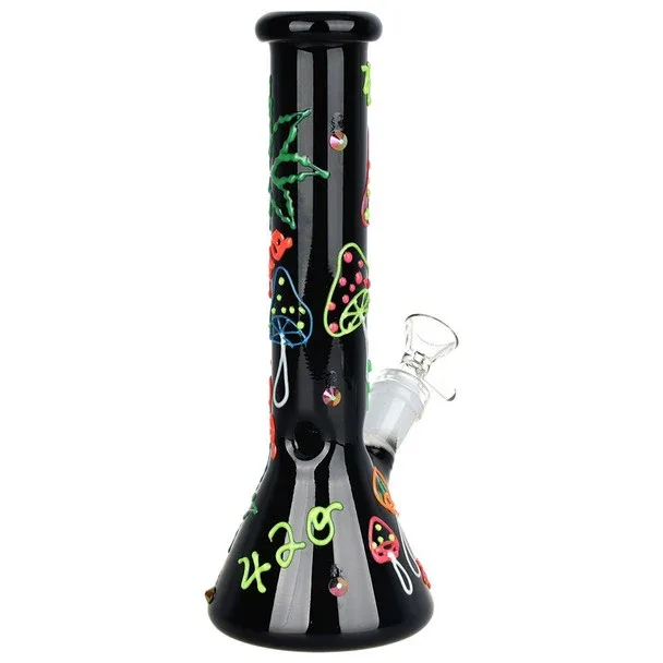 9.5" 420 Leaf & Shroom Glow In Dark Beaker Bong
