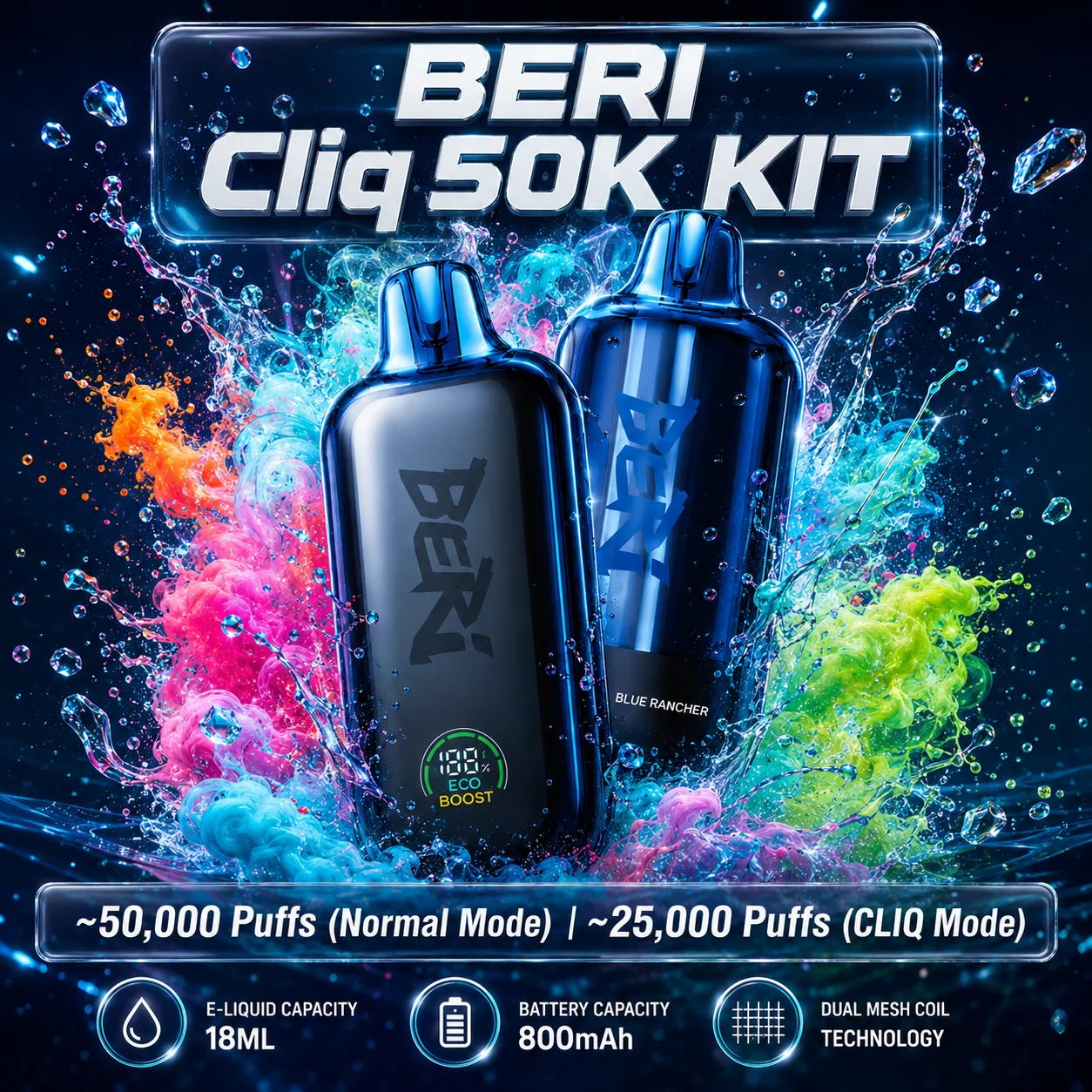 BERI Cliq 50K KIT - $14.82 Price | 20 Flavors & Dual Mesh