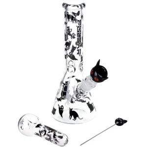 Pulsar Superstitious Kitty GLOW Glass Herb Pipe Duo - 9.75" / 14mm F