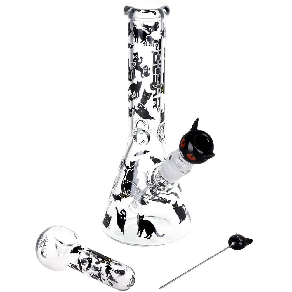 Pulsar Superstitious Kitty GLOW Glass Herb Pipe Duo - 9.75" / 14mm F