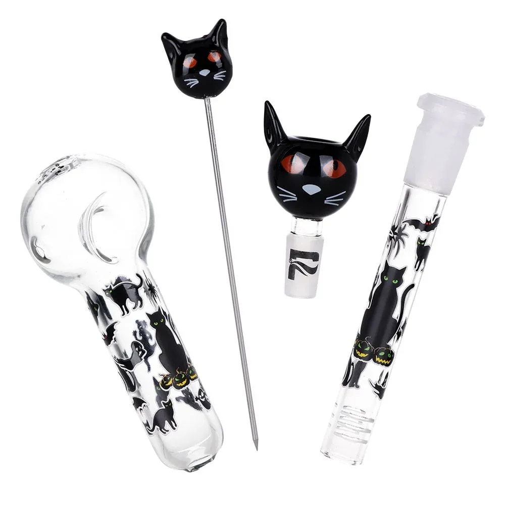 Pulsar Superstitious Kitty GLOW Glass Herb Pipe Duo - 9.75" / 14mm F - Image 2