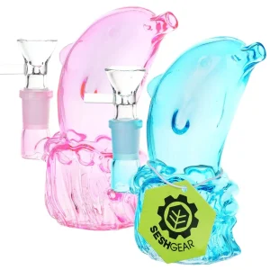 SeshGear Jumping Dolphin Glass Water Pipe - 5" / 14mm F / Pink, Blue 2ct