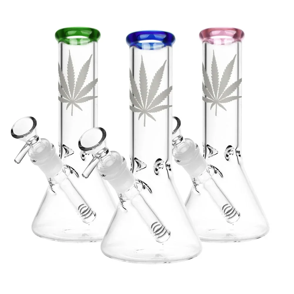 Silver Hemp Leaf Glass Beaker Water Pipe | 14mm F | Colors Vary - Image 2