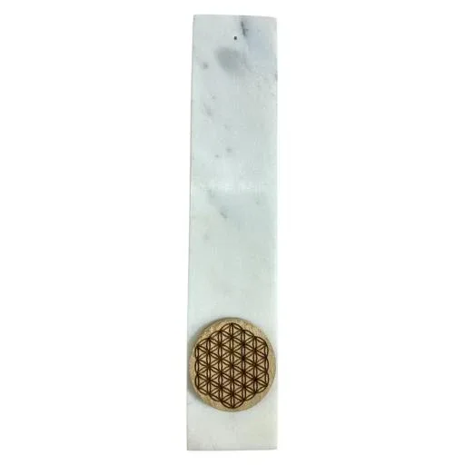 ZenN - White Marble w/ Flower Of Life Acacia Wood Disc Ash Catcher